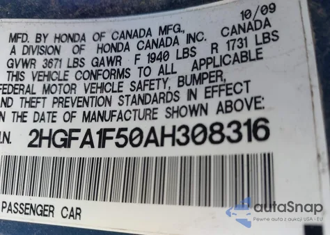 2010 Honda Civic Lx from USA, damaged, VIN 2HGFA1F50AH308316